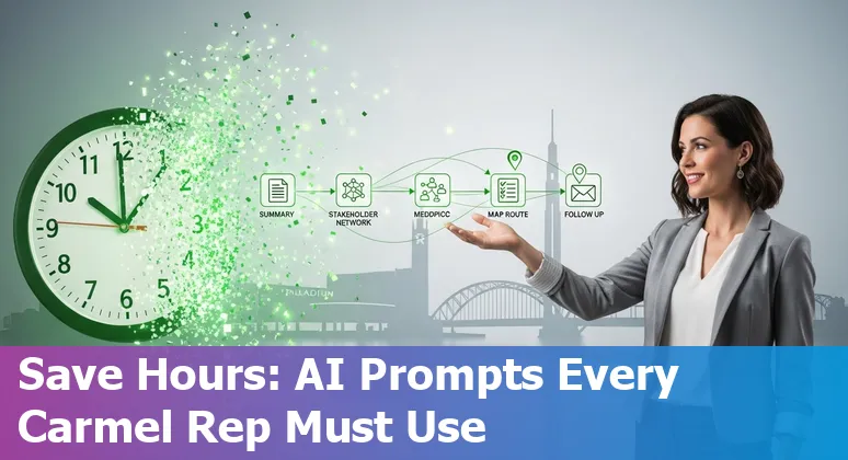 Sales professional in Carmel using AI prompts on laptop to summarize calls and create follow-up emails