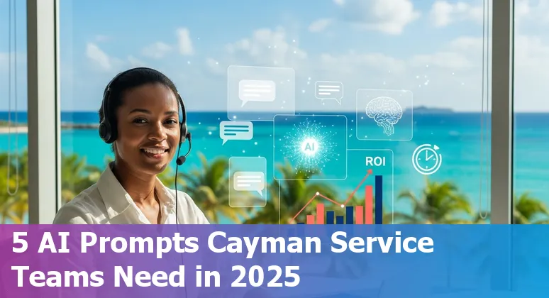 Customer service agent using AI prompts on a laptop with a Cayman Islands map overlay