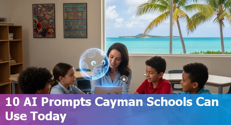 Teacher and students in a Cayman Islands classroom using laptops and AI tools for learning