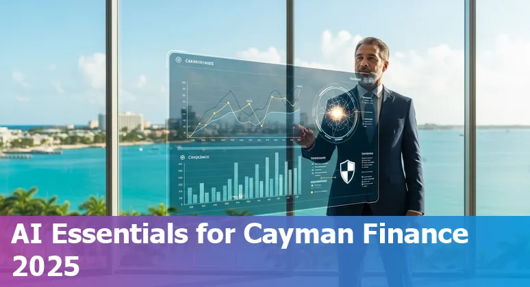 Finance professional in the Cayman Islands reviewing AI tool dashboards and financial reports on a laptop with charts.