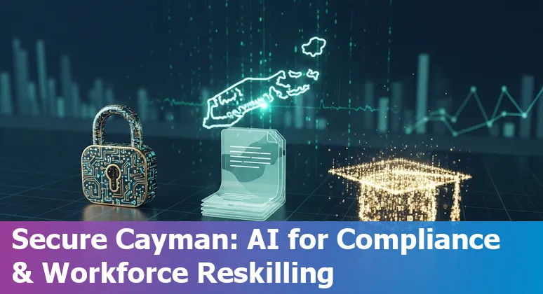 Map of Cayman Islands with icons for AI use cases: FOI, energy, healthcare, tourism, finance, and workforce upskilling.