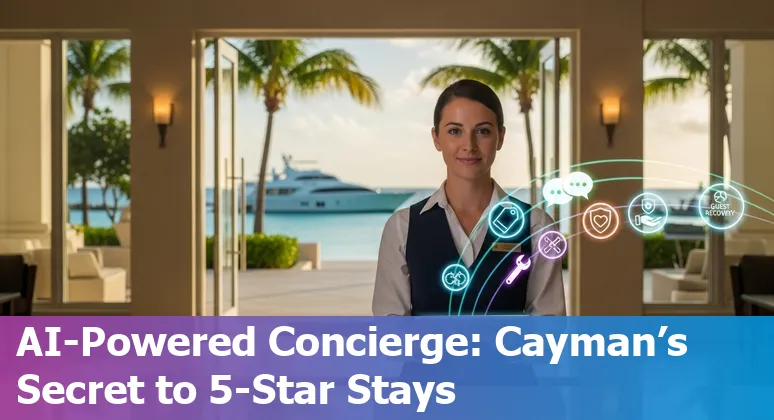 Hotel concierge using AI prompts for Cayman Islands resort with Seven Mile Beach in background