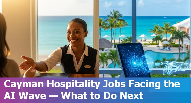 Cayman Islands hotel front desk with staff using laptop and AI chatbot on screen assisting guests