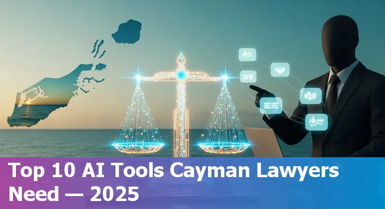 Collage of AI legal tool logos over a map of the Cayman Islands with a courthouse in the background