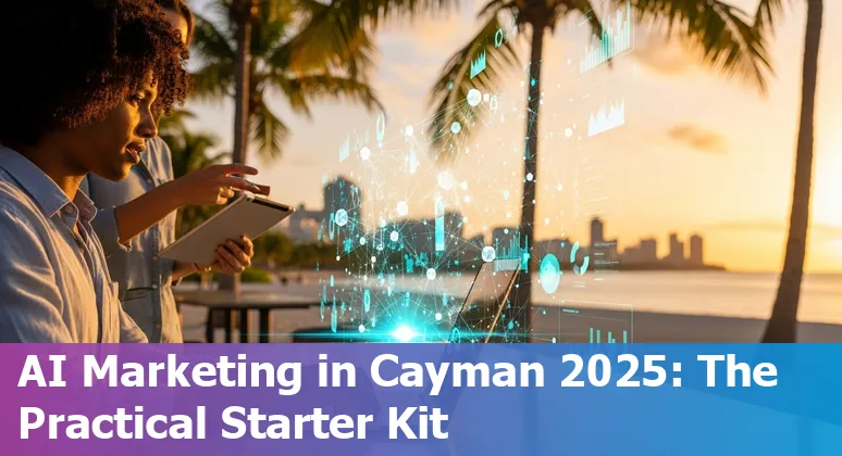Marketing professional using AI tools on a laptop with a Cayman Islands map and flag in the background.