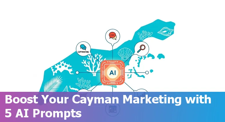 Cayman Islands marketer using AI on a laptop, overlay of prompt templates and local landmarks