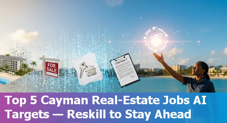 Cayman Islands real estate professional using AI tools on a laptop with Grand Cayman coastline in the background.