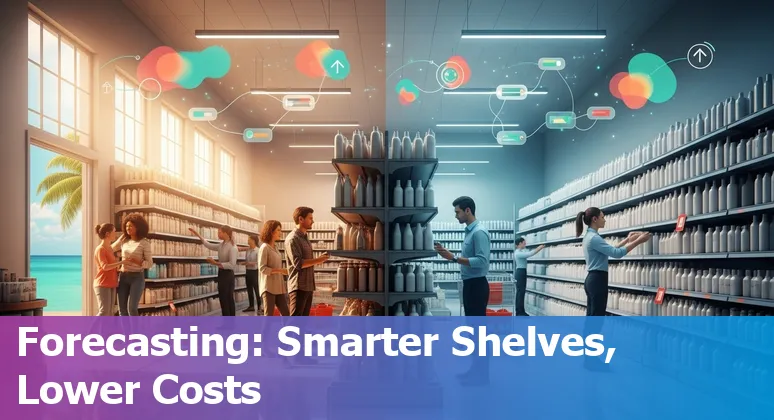 Retail AI dashboard and store scene showing Cayman Islands retail efficiency improvements
