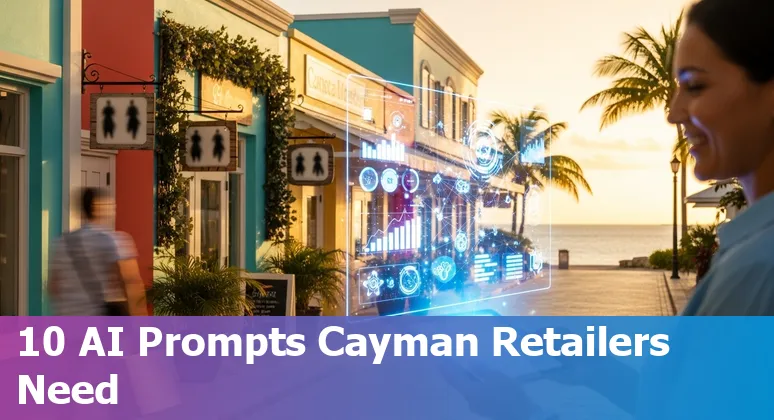 Shoppers in a Cayman Islands store with AI overlays showing recommendations and inventory alerts.