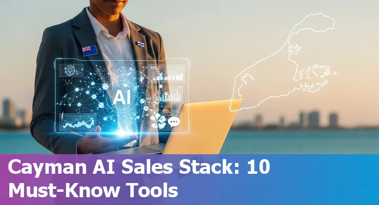 Collage of AI sales tools icons and Cayman Islands skyline, representing AI-powered sales for Cayman professionals in 2025