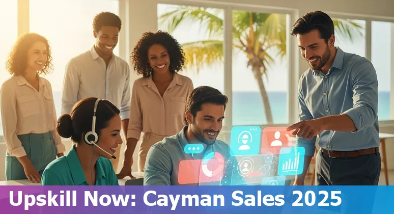 Sales representative using AI tools on a laptop with the Cayman Islands skyline in the background, symbolizing AI and sales in Cayman Islands 2025