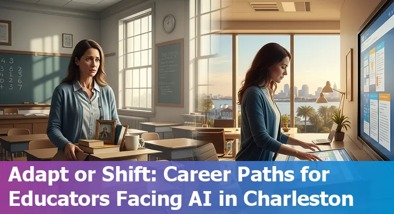 Educators and administrators in Charleston discussing AI tools, with Charleston skyline in the background.