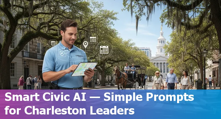 Charleston city hall with overlaid icons for AI, chatbots, and legal scales representing government AI use cases