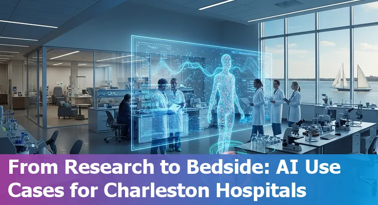 Healthcare providers using generative AI tools in a Charleston hospital setting, with local city skyline in background.
