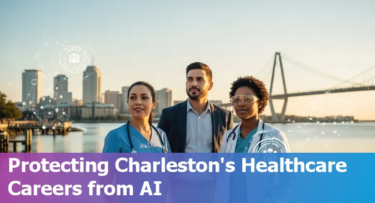 Healthcare worker using AI tools in a Charleston clinic, with MUSC and Novant logos in the background.