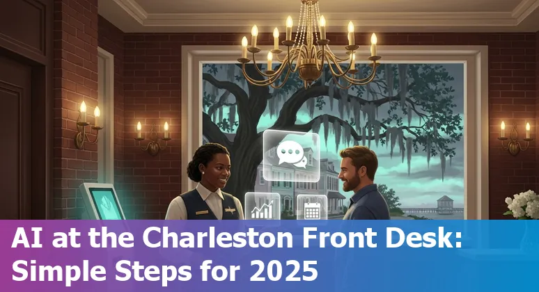 Charleston, South Carolina hotel lobby with AI-driven check-in kiosk and LouLou AI phone assistant branding