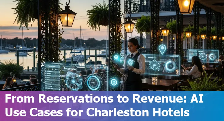 Hotel front desk and AI voice assistant overlay showing Charleston skyline and hospitality icons