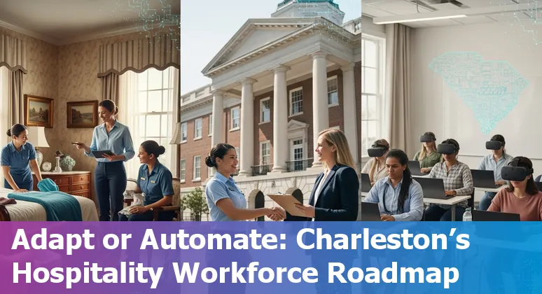 Charleston hotel front desk with a guest using a mobile check-in kiosk, showing human staff and AI-enabled tools.