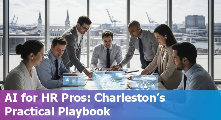 HR professional using AI tools in Charleston, South Carolina office with MUSC and local university materials