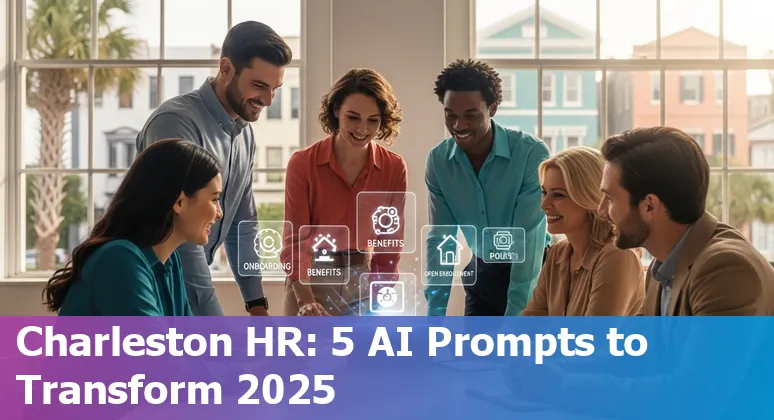 Charleston HR professional using AI prompts on a laptop with Charleston skyline in background