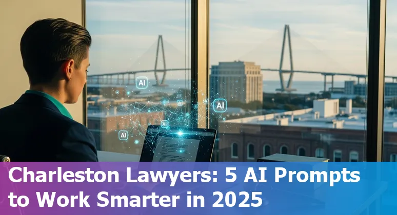 Lawyer using AI prompts on a laptop with Charleston skyline in background