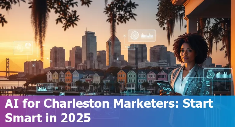 Marketing professional using AI tools in Charleston, South Carolina with Springbot and College of Charleston landmarks in background