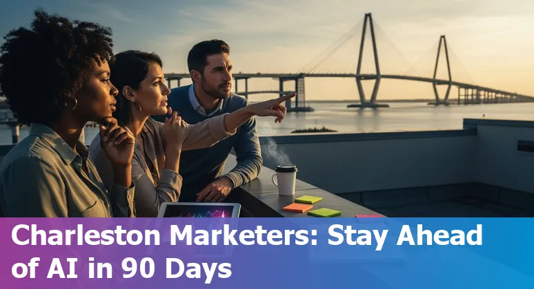 Marketing professional using AI tools in an office with Charleston, South Carolina skyline visible