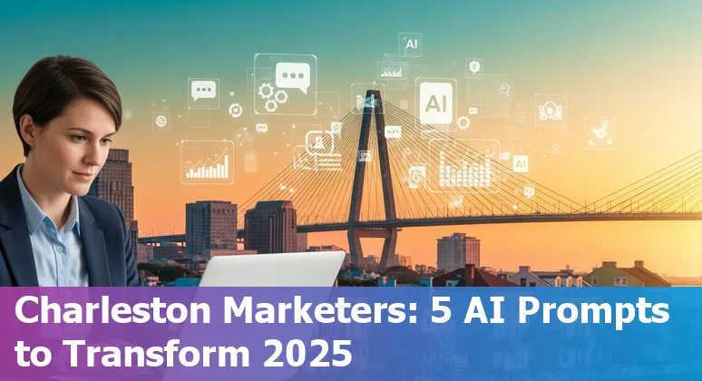 Charleston marketer using AI prompts on laptop with Charleston harbor photo in background