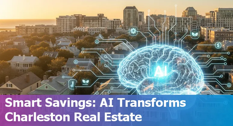Charleston, South Carolina real estate agent using AI tools on a laptop, icons for automation, valuation, and energy savings in Charleston, SC