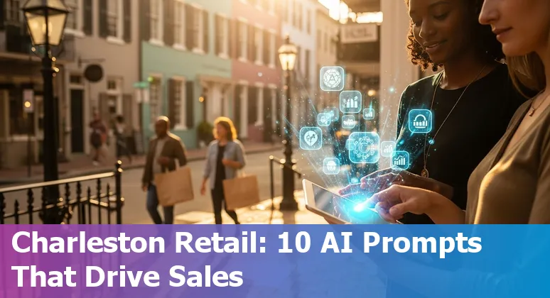 Charleston retail shop owner using AI on a laptop with market analytics and local map overlay.