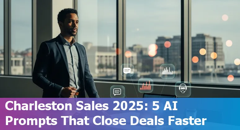 Sales professional using AI prompts on laptop with Charleston harbor skyline in background