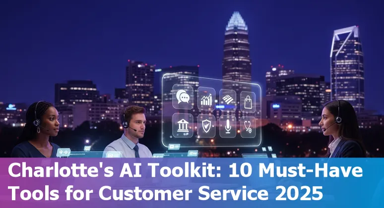 Customer service professional using AI dashboard with Charlotte skyline in background