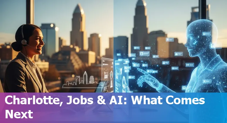 Customer service rep and AI assistant split image with Charlotte, North Carolina skyline in the background