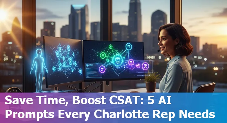 Customer service agent in Charlotte using AI on laptop with Charlotte skyline in background