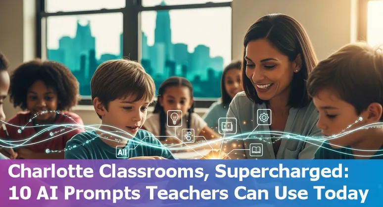 Students and Charlotte educators using AI prompts on laptops in a classroom, with UNC Charlotte campus in the background.