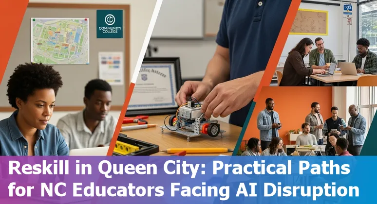 Teacher using AI tool in a Charlotte classroom, with Duke and N.C. State logos in the background.