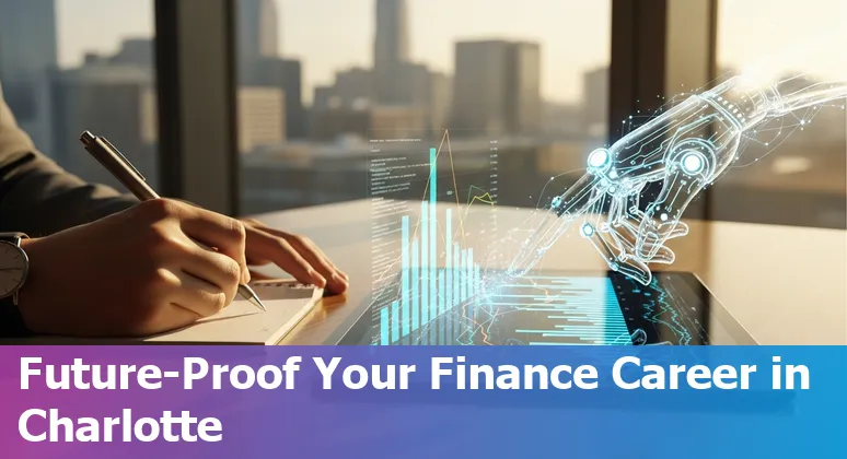 Finance professional using AI tools on a laptop in Charlotte, North Carolina skyline background