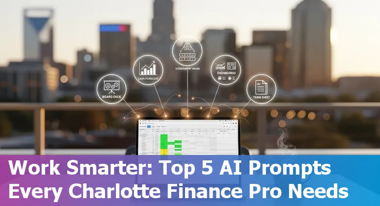 Finance professional in Charlotte using AI prompts to build a board deck, cash forecast, and SaaS dashboard on a laptop.