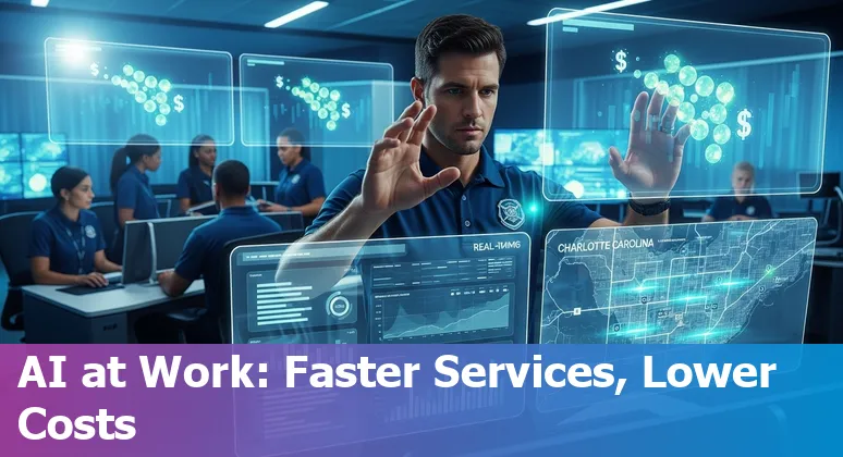 City of Charlotte, North Carolina government office using AI tools—staff collaborating with AI dashboards in Charlotte, North Carolina