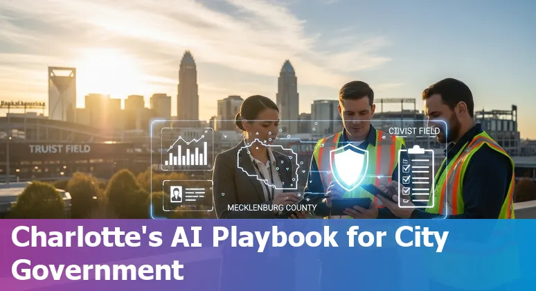 City of Charlotte government building with AI icons representing traffic, public safety, and citizen services.