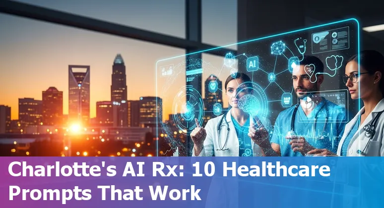 Healthcare professionals and AI icons over a map of Charlotte, North Carolina, showing local hospitals and AI use cases.