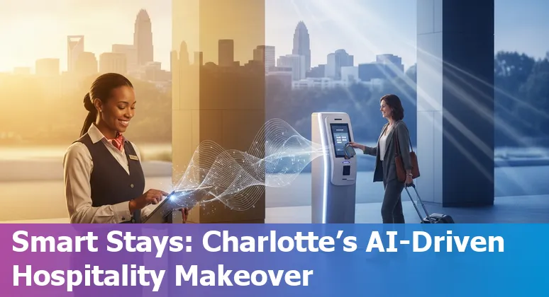 Hotel front desk kiosk and AI energy dashboard at a Charlotte, North Carolina hotel cutting costs and improving efficiency