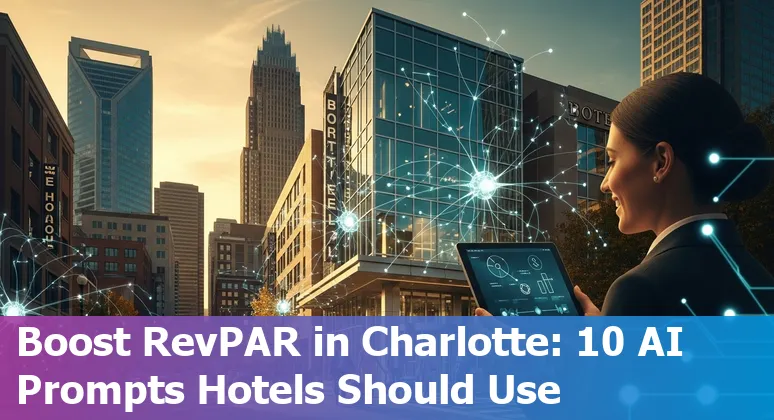 Hotel concierge using AI on a tablet with Bank of America Stadium and Uptown Charlotte skyline in background