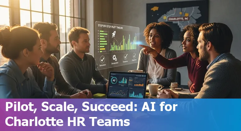 HR professional using AI tools at a Charlotte, North Carolina office showing recruitment and analytics dashboards.