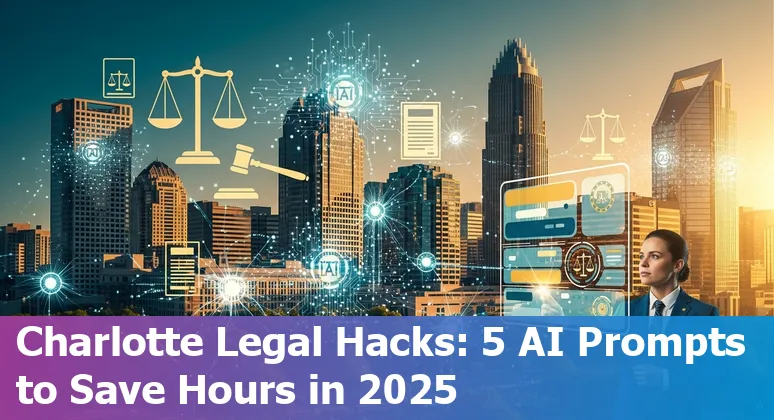 Lawyer using AI prompts on laptop in Charlotte office, skyline visible