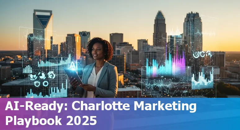 Marketing professional using AI tools with Charlotte, NC skyline in the background, 2025.