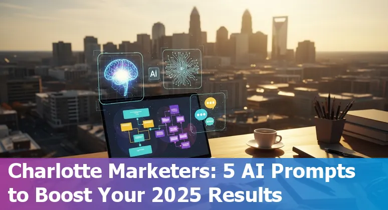 Marketing professional using AI prompts on laptop in Charlotte, NC skyline visible.