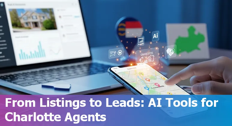 AI-powered real estate tools and Charlotte, North Carolina skyline with virtual home tour overlay