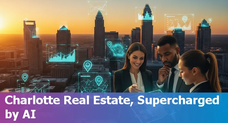 Charlotte skyline with AI icons overlay showing leasing, valuations, virtual tours, maintenance, and construction monitoring.