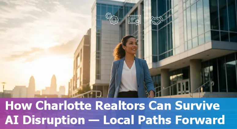 Charlotte skyline with real estate signs and AI icons representing tools and job transitions